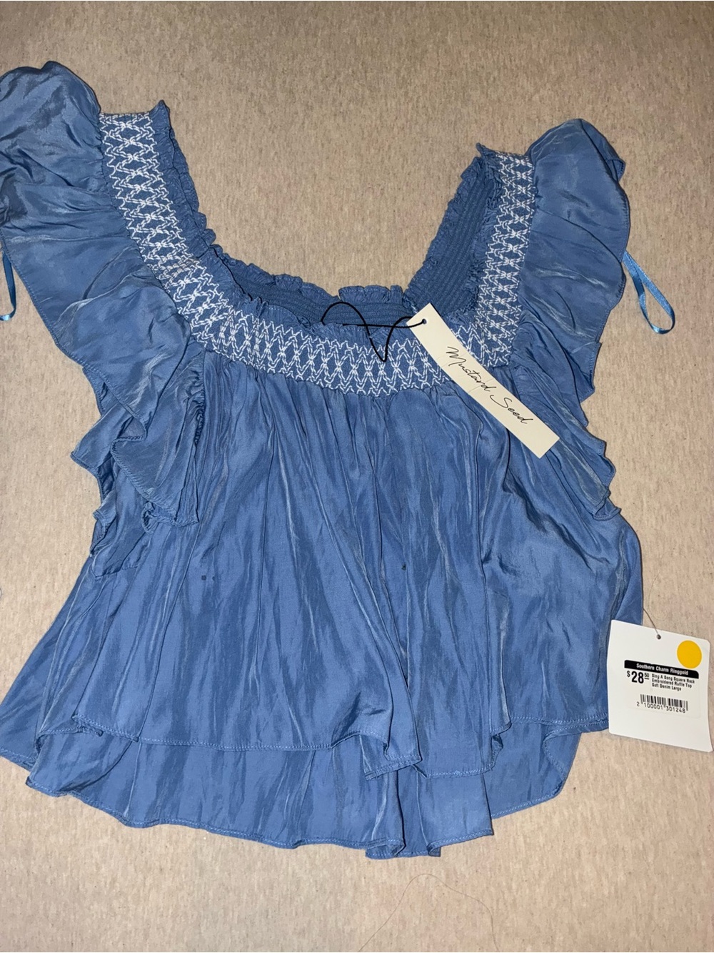 Mustard Seed Dusty Blue Smocked Ruffle Sleeve Blouse